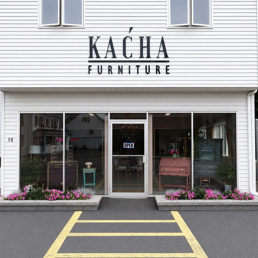 The Kacha storefront in Oakland, Maine, in summer